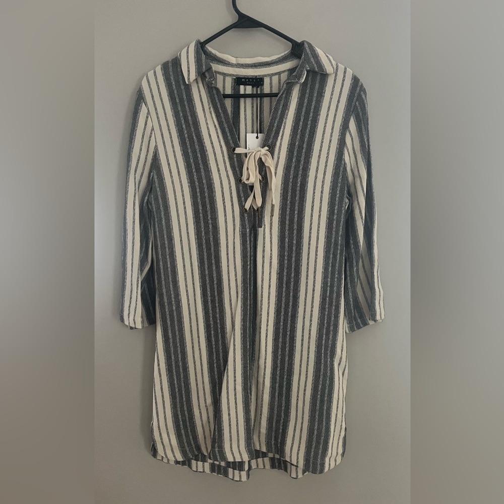 NWT Maven West‎ Jackie Gray Off White Striped Tunic Shirt Dress - Picture 2 of 5